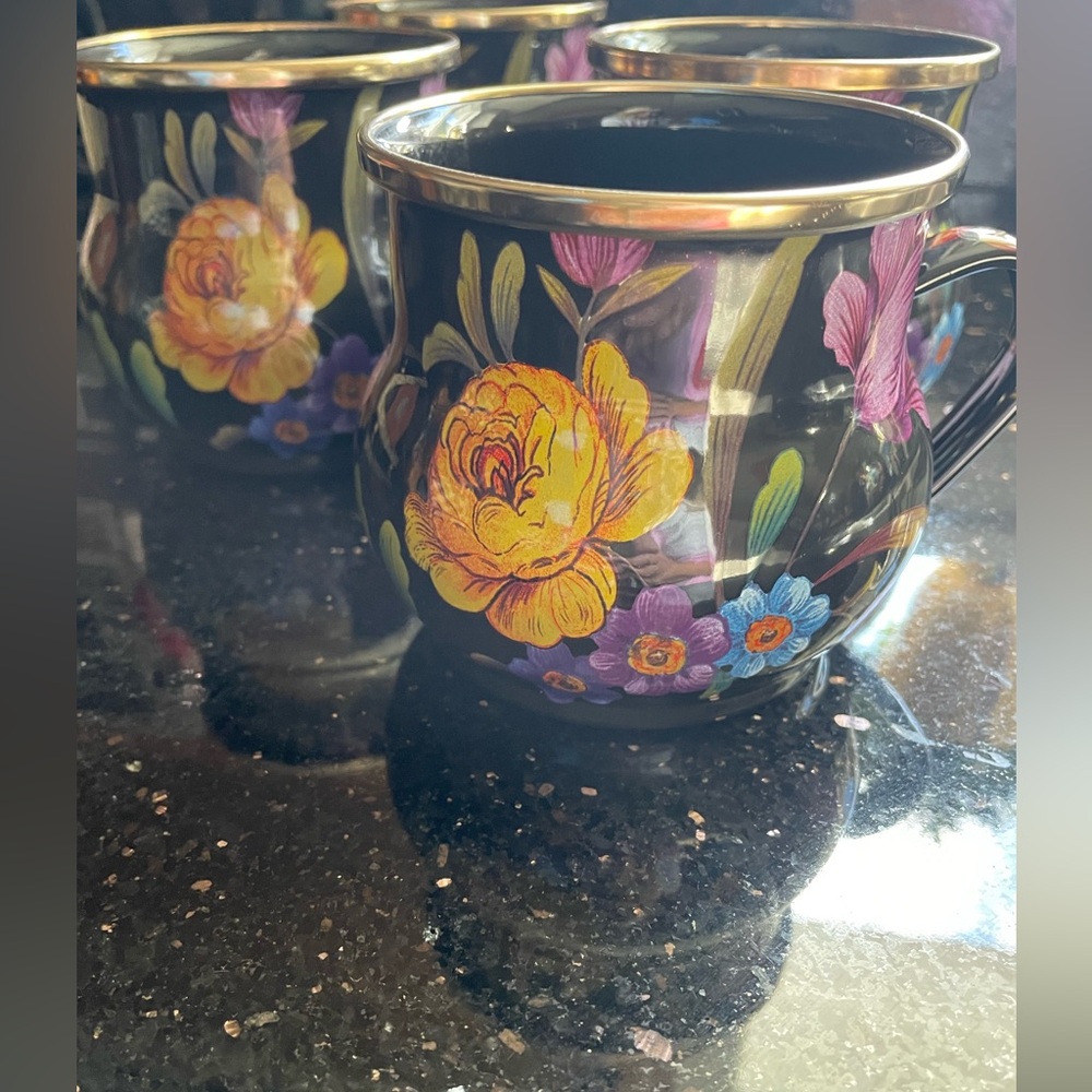 MacKenzie-Childs Black Mug with Yellow and Purple Floral Design (set of 4)